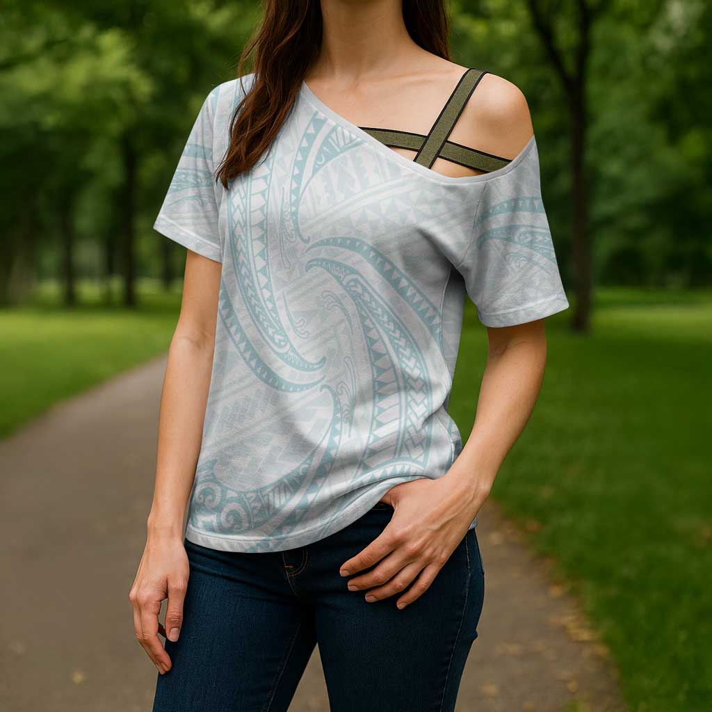 White Sunday Lotu Tamaiti Cross Shoulder Shirt Polynesian Wave Pastel Cyan LT9 - Polynesian Pride