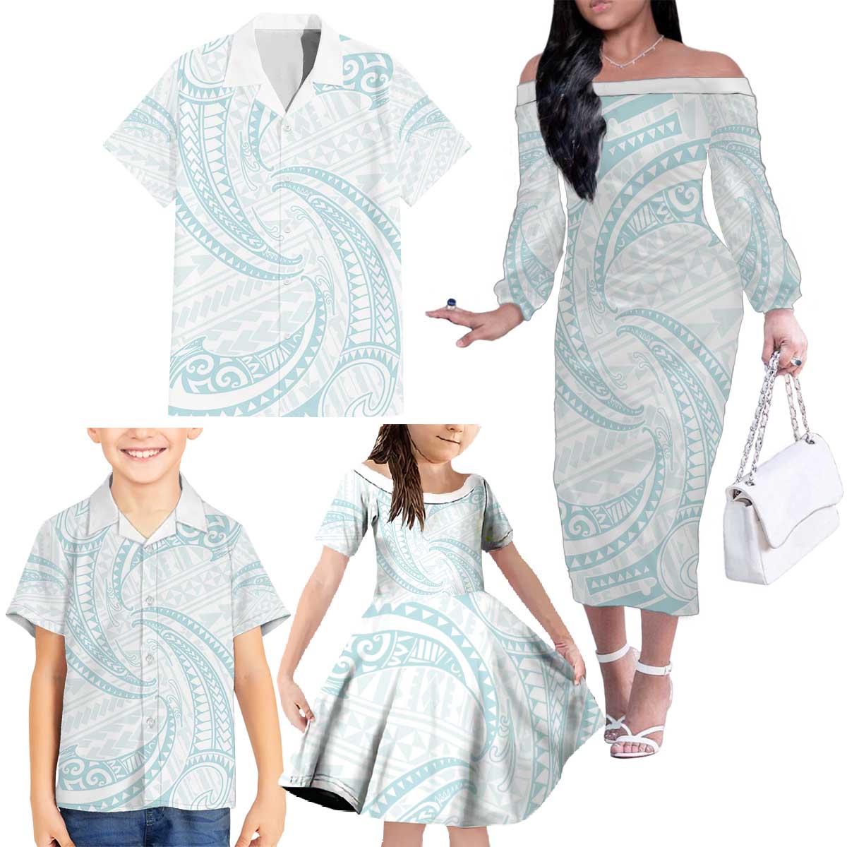 White Sunday Lotu Tamaiti Family Matching Off The Shoulder Long Sleeve Dress and Hawaiian Shirt Polynesian Wave Pastel Cyan LT9 - Polynesian Pride