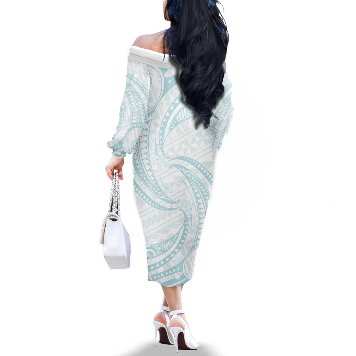 White Sunday Lotu Tamaiti Family Matching Off The Shoulder Long Sleeve Dress and Hawaiian Shirt Polynesian Wave Pastel Cyan LT9 - Polynesian Pride