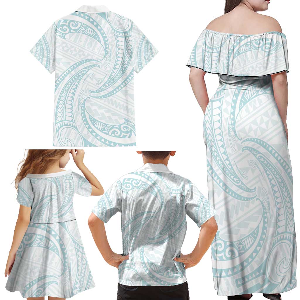 White Sunday Lotu Tamaiti Family Matching Off Shoulder Maxi Dress and Hawaiian Shirt Polynesian Wave Pastel Cyan LT9 - Polynesian Pride