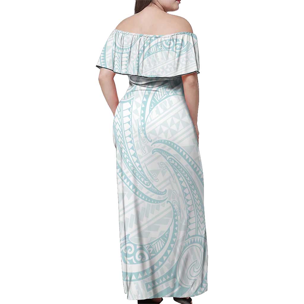 White Sunday Lotu Tamaiti Family Matching Off Shoulder Maxi Dress and Hawaiian Shirt Polynesian Wave Pastel Cyan LT9 - Polynesian Pride