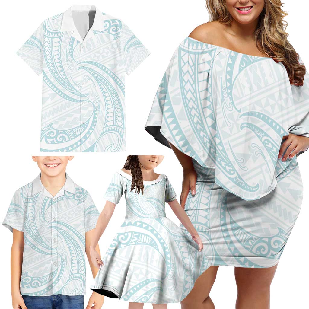 White Sunday Lotu Tamaiti Family Matching Off Shoulder Short Dress and Hawaiian Shirt Polynesian Wave Pastel Cyan LT9 - Polynesian Pride
