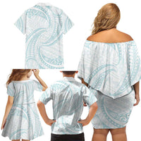 White Sunday Lotu Tamaiti Family Matching Off Shoulder Short Dress and Hawaiian Shirt Polynesian Wave Pastel Cyan LT9 - Polynesian Pride