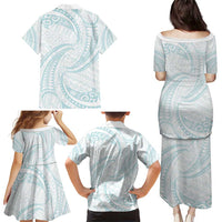 White Sunday Lotu Tamaiti Family Matching Puletasi and Hawaiian Shirt Polynesian Wave Pastel Cyan LT9 - Polynesian Pride