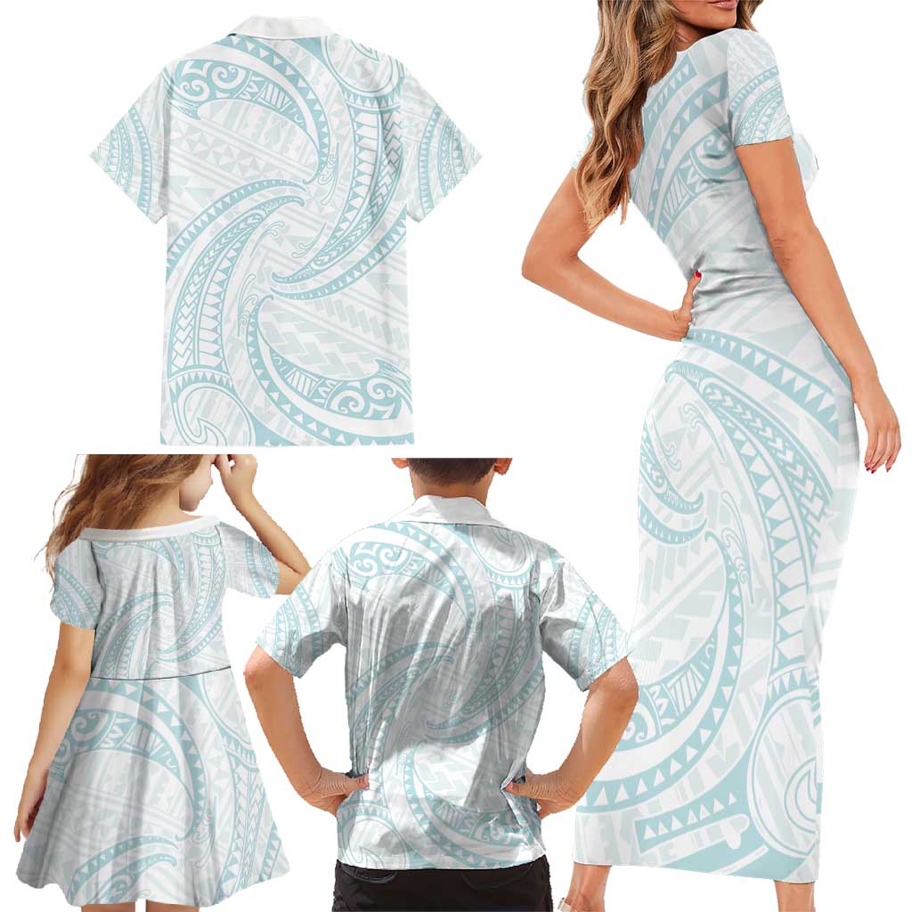 White Sunday Lotu Tamaiti Family Matching Short Sleeve Bodycon Dress and Hawaiian Shirt Polynesian Wave Pastel Cyan LT9 - Polynesian Pride