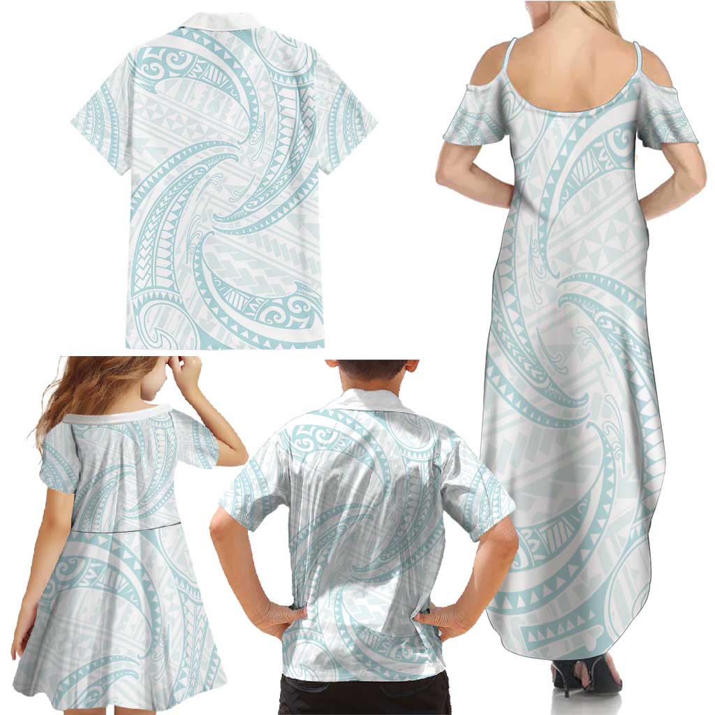 White Sunday Lotu Tamaiti Family Matching Summer Maxi Dress and Hawaiian Shirt Polynesian Wave Pastel Cyan LT9 - Polynesian Pride
