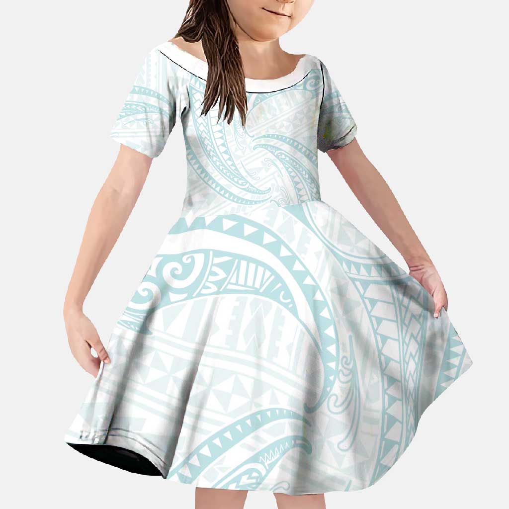 White Sunday Lotu Tamaiti Family Matching Tank Maxi Dress and Hawaiian Shirt Polynesian Wave Pastel Cyan LT9 Daughter's Dress Cyan - Polynesian Pride