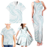 White Sunday Lotu Tamaiti Family Matching Tank Maxi Dress and Hawaiian Shirt Polynesian Wave Pastel Cyan LT9 - Polynesian Pride