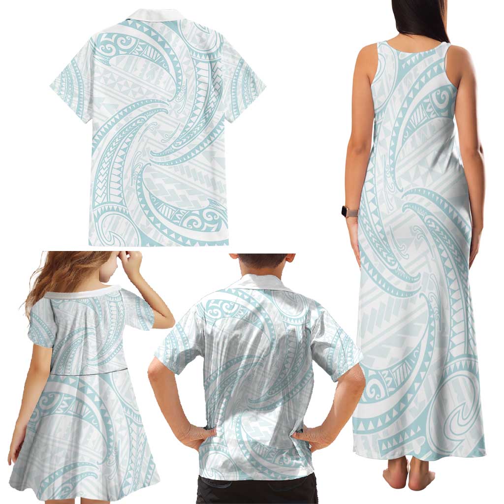 White Sunday Lotu Tamaiti Family Matching Tank Maxi Dress and Hawaiian Shirt Polynesian Wave Pastel Cyan LT9 - Polynesian Pride