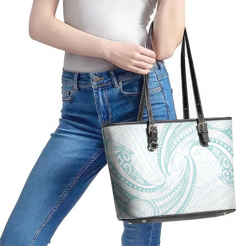 White Sunday Lotu Tamaiti Leather Tote Bag Polynesian Wave Pastel Cyan - Polynesian Pride
