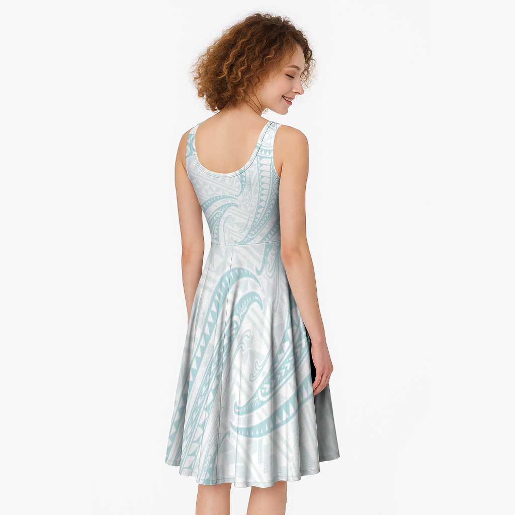 White Sunday Lotu Tamaiti Midi Dress Polynesian Wave Pastel Cyan - Polynesian Pride