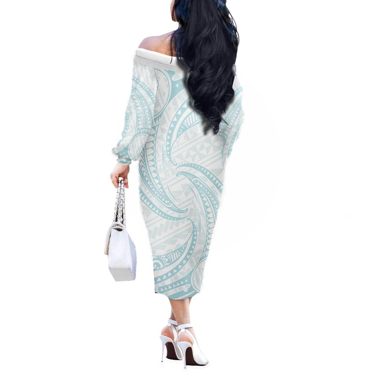 White Sunday Lotu Tamaiti Off The Shoulder Long Sleeve Dress Polynesian Wave Pastel Cyan LT9 - Polynesian Pride