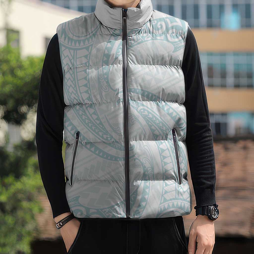 White Sunday Lotu Tamaiti Sleeveless Puffer Jacket Polynesian Wave Pastel Cyan LT9 - Polynesian Pride