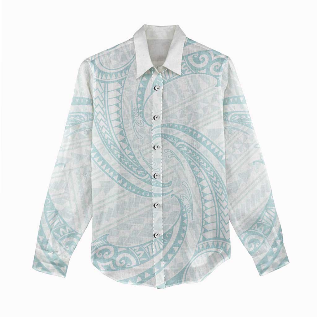 White Sunday Lotu Tamaiti Women Casual Shirt Polynesian Wave Pastel Cyan LT9 - Polynesian Pride