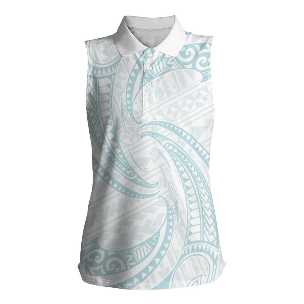 White Sunday Lotu Tamaiti Women Sleeveless Polo Shirt Polynesian Wave Pastel Cyan LT9 Female Cyan - Polynesian Pride