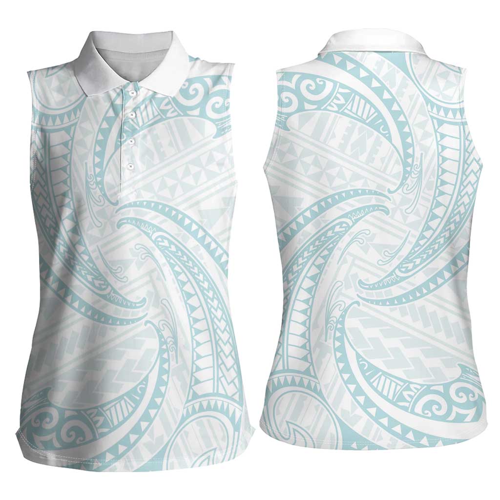 White Sunday Lotu Tamaiti Women Sleeveless Polo Shirt Polynesian Wave Pastel Cyan LT9 - Polynesian Pride