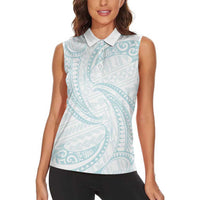 White Sunday Lotu Tamaiti Women Sleeveless Polo Shirt Polynesian Wave Pastel Cyan LT9 - Polynesian Pride