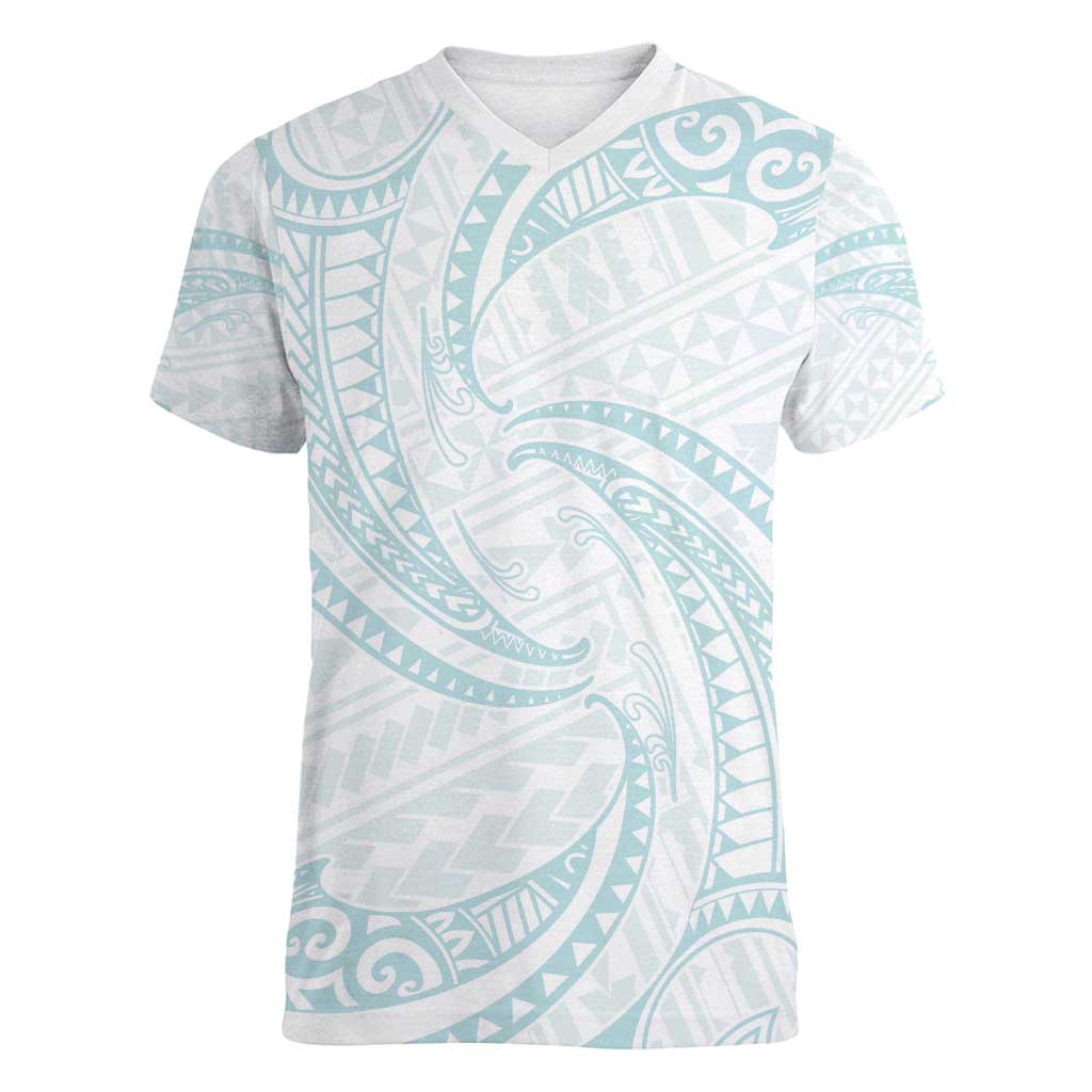White Sunday Lotu Tamaiti Women V-Neck T-Shirt Polynesian Wave Pastel Cyan LT9 Female Cyan - Polynesian Pride