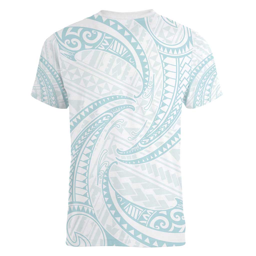 White Sunday Lotu Tamaiti Women V-Neck T-Shirt Polynesian Wave Pastel Cyan LT9 - Polynesian Pride