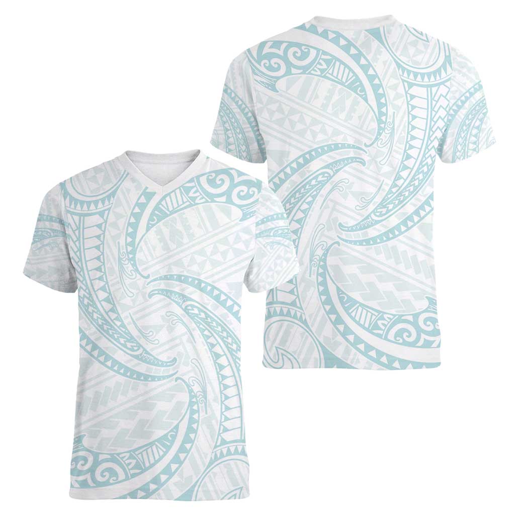 White Sunday Lotu Tamaiti Women V-Neck T-Shirt Polynesian Wave Pastel Cyan LT9 - Polynesian Pride