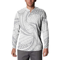 White Sunday Lotu Tamaiti Button Sweatshirt Polynesian Wave Pastel Gray - Polynesian Pride