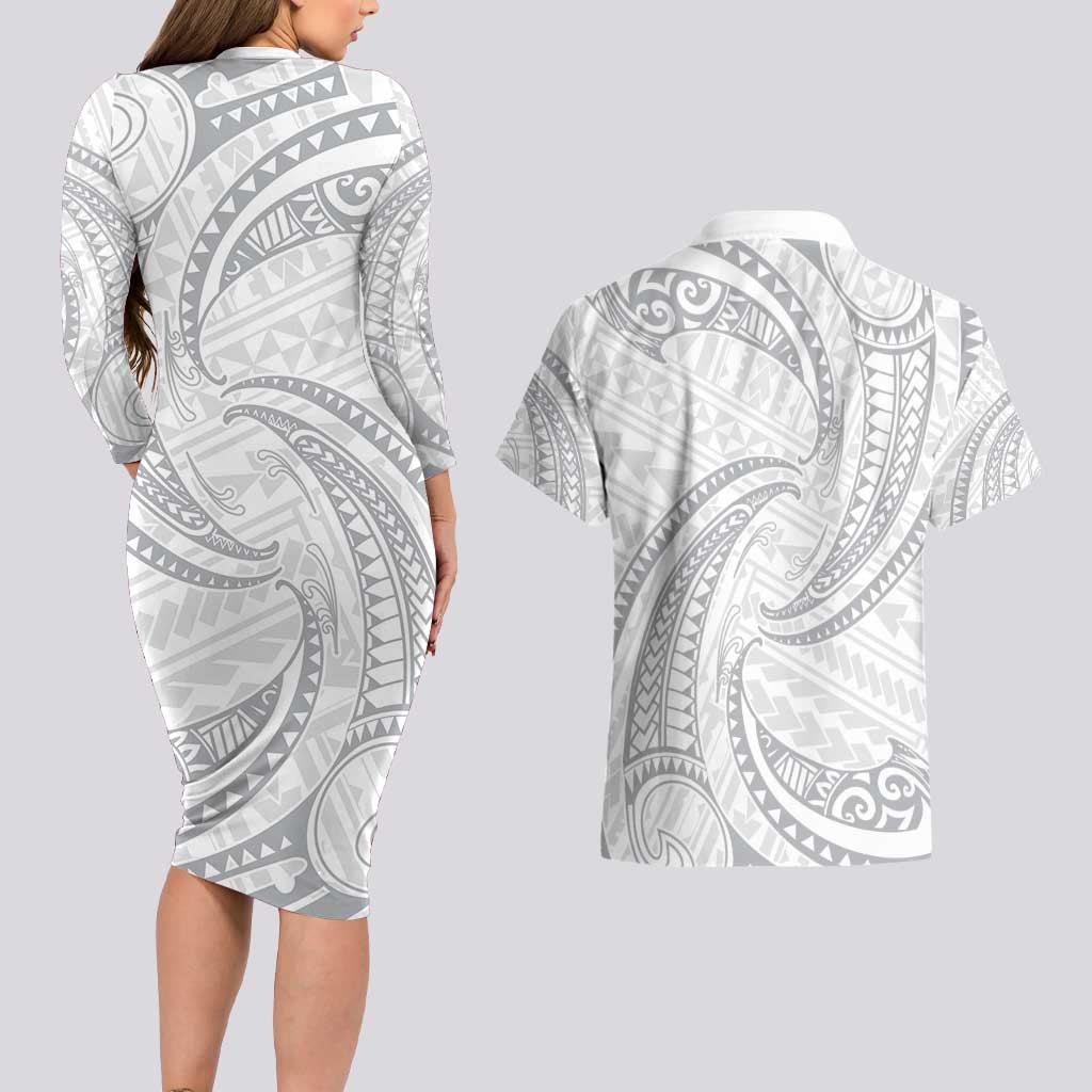 White Sunday Lotu Tamaiti Couples Matching Long Sleeve Bodycon Dress and Hawaiian Shirt Polynesian Wave Pastel Gray LT9 - Polynesian Pride