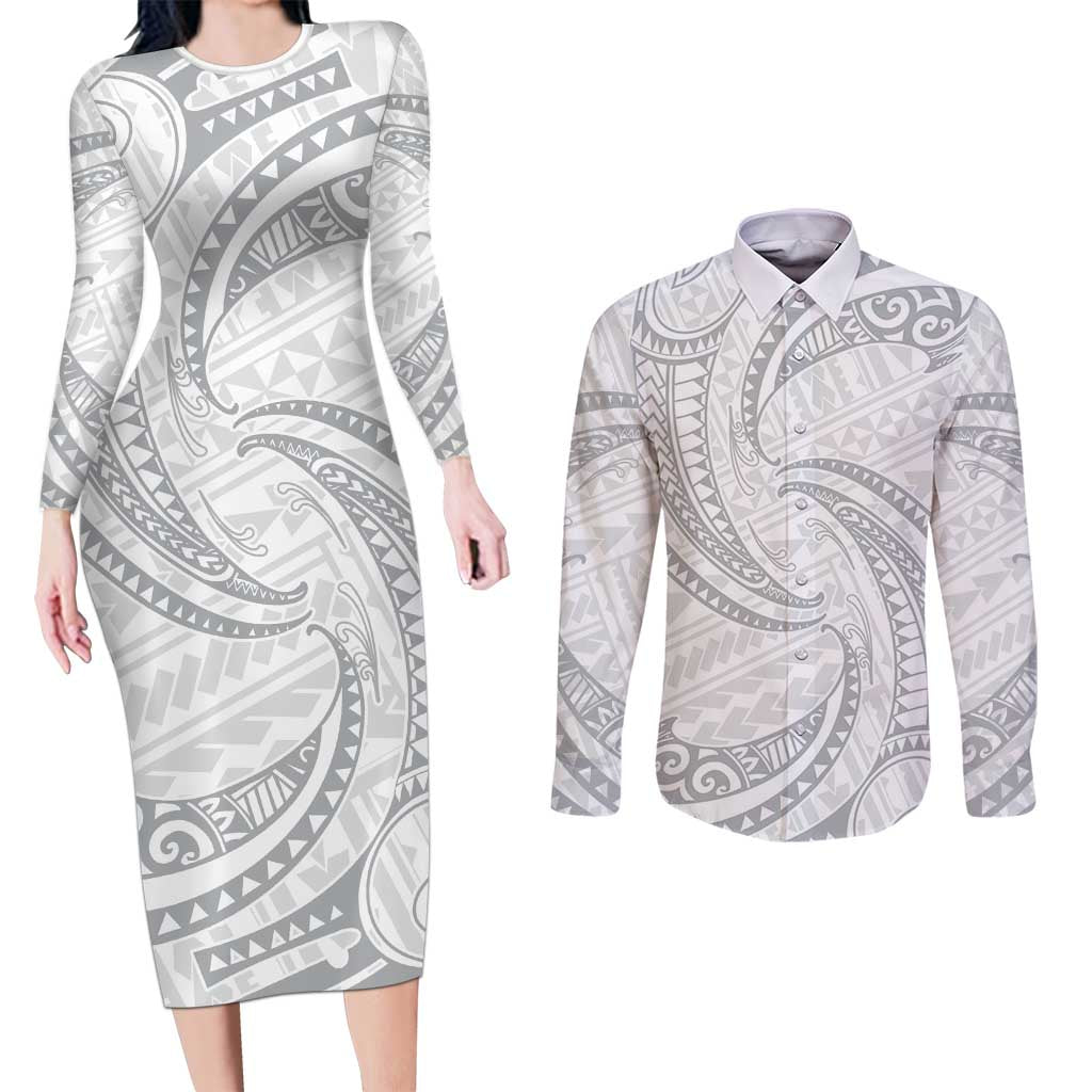 White Sunday Lotu Tamaiti Couples Matching Long Sleeve Bodycon Dress and Long Sleeve Button Shirt Polynesian Wave Pastel Gray LT9 Gray - Polynesian Pride