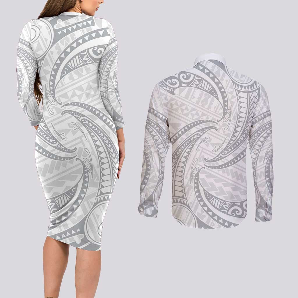 White Sunday Lotu Tamaiti Couples Matching Long Sleeve Bodycon Dress and Long Sleeve Button Shirt Polynesian Wave Pastel Gray LT9 - Polynesian Pride