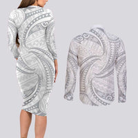 White Sunday Lotu Tamaiti Couples Matching Long Sleeve Bodycon Dress and Long Sleeve Button Shirt Polynesian Wave Pastel Gray LT9 - Polynesian Pride