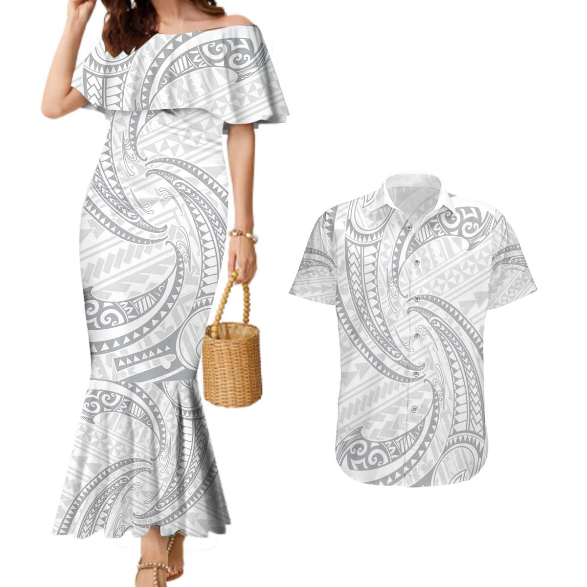 White Sunday Lotu Tamaiti Couples Matching Mermaid Dress and Hawaiian Shirt Polynesian Wave Pastel Gray LT9 Gray - Polynesian Pride