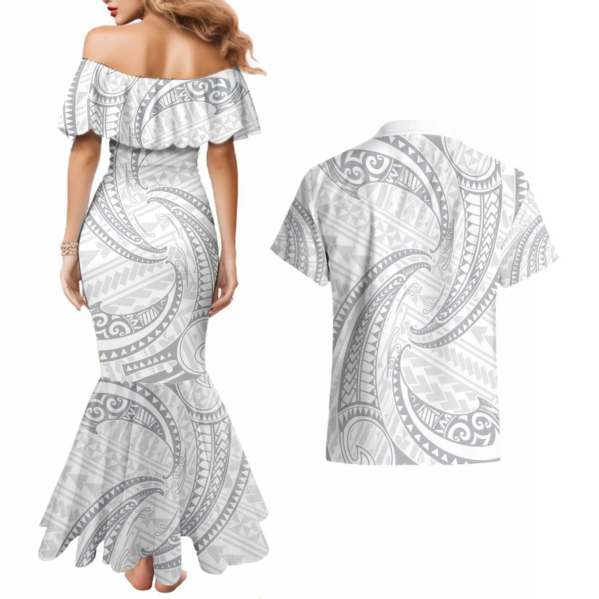 White Sunday Lotu Tamaiti Couples Matching Mermaid Dress and Hawaiian Shirt Polynesian Wave Pastel Gray LT9 - Polynesian Pride