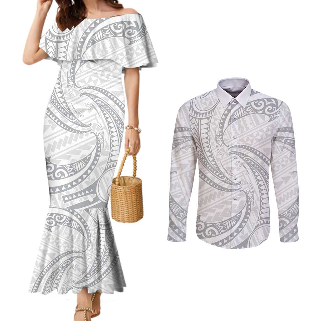 White Sunday Lotu Tamaiti Couples Matching Mermaid Dress and Long Sleeve Button Shirt Polynesian Wave Pastel Gray LT9 Gray - Polynesian Pride