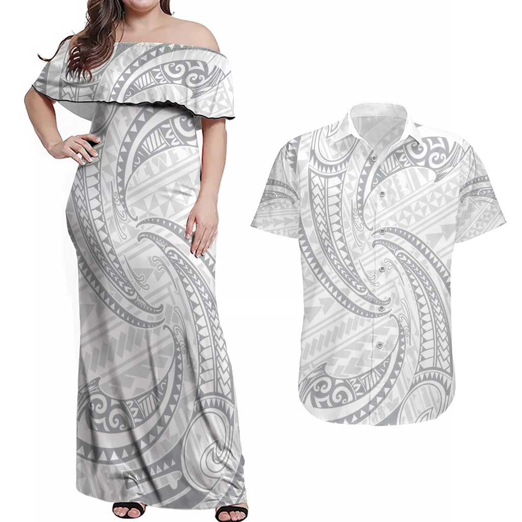 White Sunday Lotu Tamaiti Couples Matching Off Shoulder Maxi Dress and Hawaiian Shirt Polynesian Wave Pastel Gray LT9 Gray - Polynesian Pride