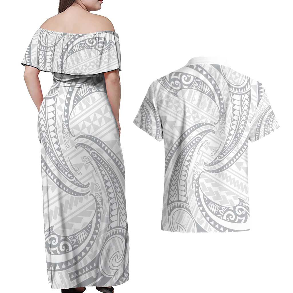 White Sunday Lotu Tamaiti Couples Matching Off Shoulder Maxi Dress and Hawaiian Shirt Polynesian Wave Pastel Gray LT9 - Polynesian Pride