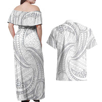 White Sunday Lotu Tamaiti Couples Matching Off Shoulder Maxi Dress and Hawaiian Shirt Polynesian Wave Pastel Gray LT9 - Polynesian Pride