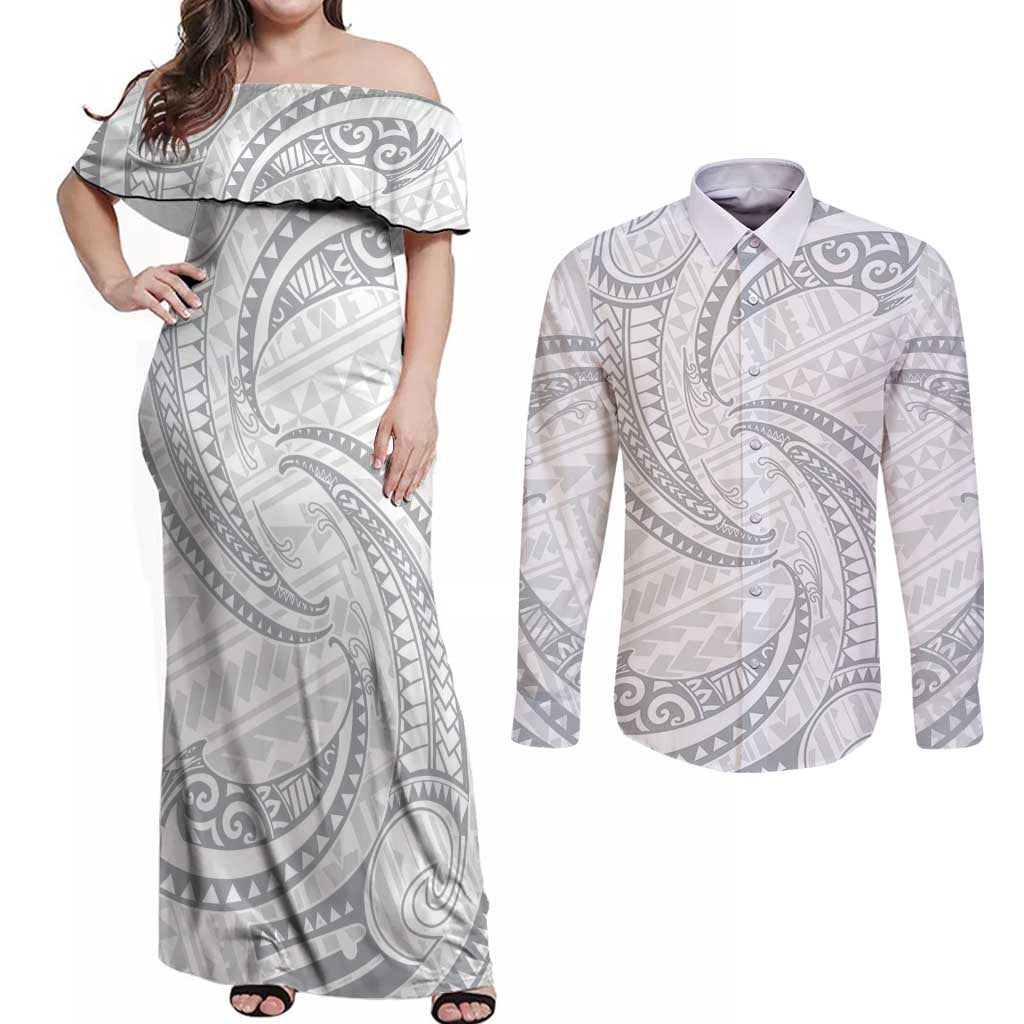 White Sunday Lotu Tamaiti Couples Matching Off Shoulder Maxi Dress and Long Sleeve Button Shirt Polynesian Wave Pastel Gray LT9 Gray - Polynesian Pride