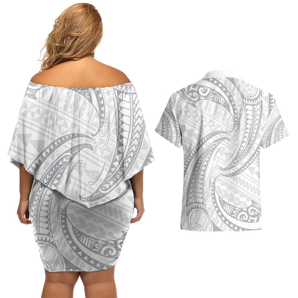White Sunday Lotu Tamaiti Couples Matching Off Shoulder Short Dress and Hawaiian Shirt Polynesian Wave Pastel Gray LT9 - Polynesian Pride