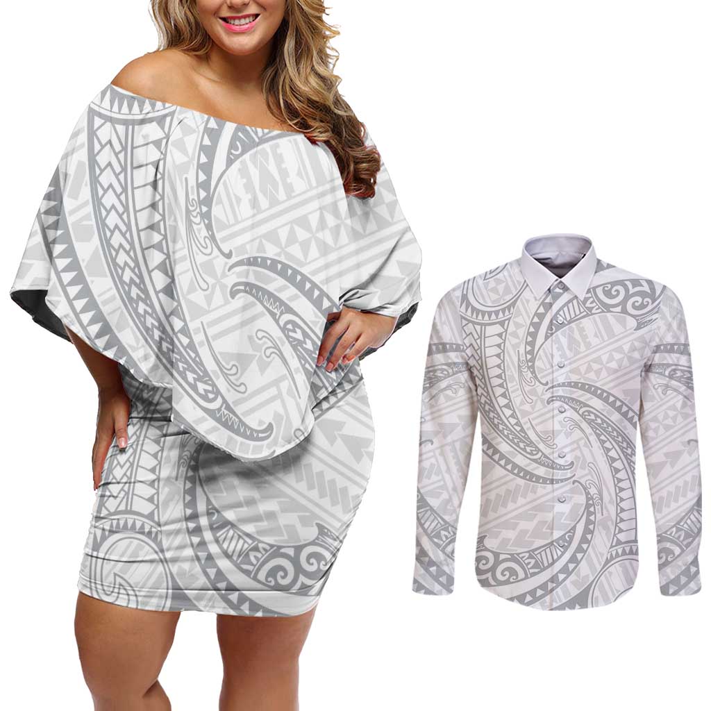 White Sunday Lotu Tamaiti Couples Matching Off Shoulder Short Dress and Long Sleeve Button Shirt Polynesian Wave Pastel Gray LT9 Gray - Polynesian Pride