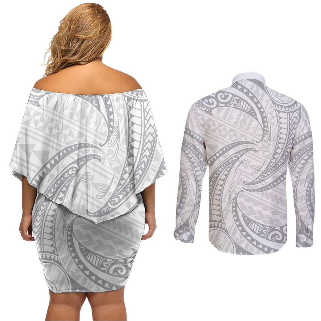 White Sunday Lotu Tamaiti Couples Matching Off Shoulder Short Dress and Long Sleeve Button Shirt Polynesian Wave Pastel Gray LT9 - Polynesian Pride