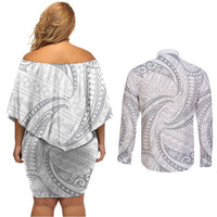 White Sunday Lotu Tamaiti Couples Matching Off Shoulder Short Dress and Long Sleeve Button Shirt Polynesian Wave Pastel Gray LT9 - Polynesian Pride