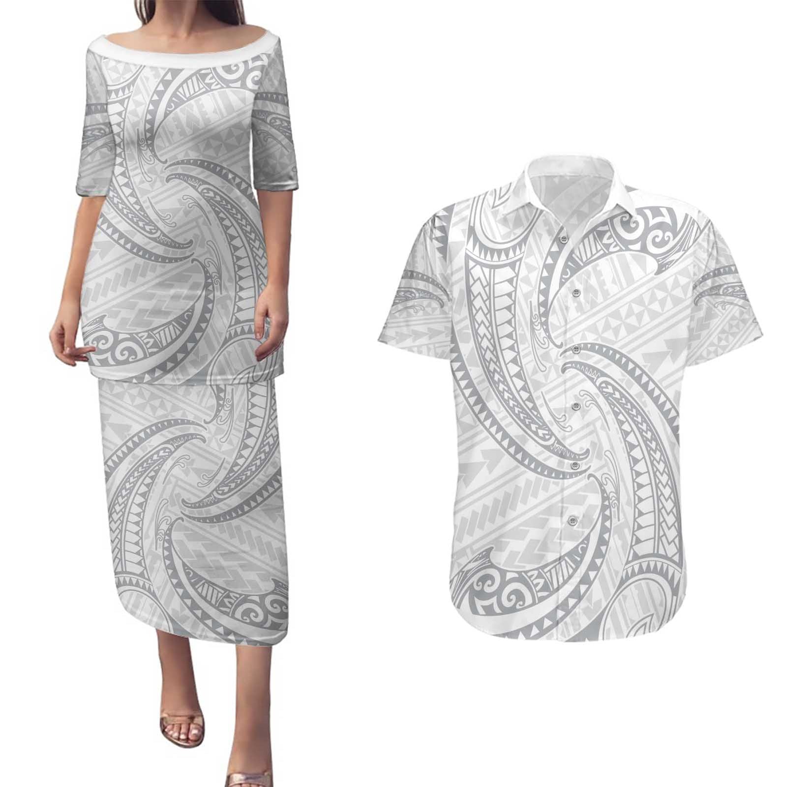 White Sunday Lotu Tamaiti Couples Matching Puletasi and Hawaiian Shirt Polynesian Wave Pastel Gray LT9 Gray - Polynesian Pride
