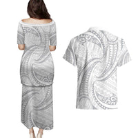 White Sunday Lotu Tamaiti Couples Matching Puletasi and Hawaiian Shirt Polynesian Wave Pastel Gray LT9 - Polynesian Pride