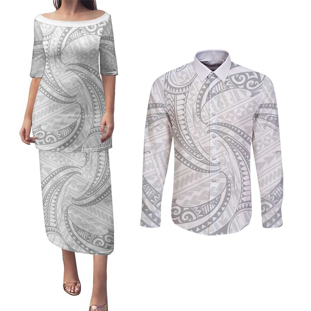 White Sunday Lotu Tamaiti Couples Matching Puletasi and Long Sleeve Button Shirt Polynesian Wave Pastel Gray LT9 Gray - Polynesian Pride