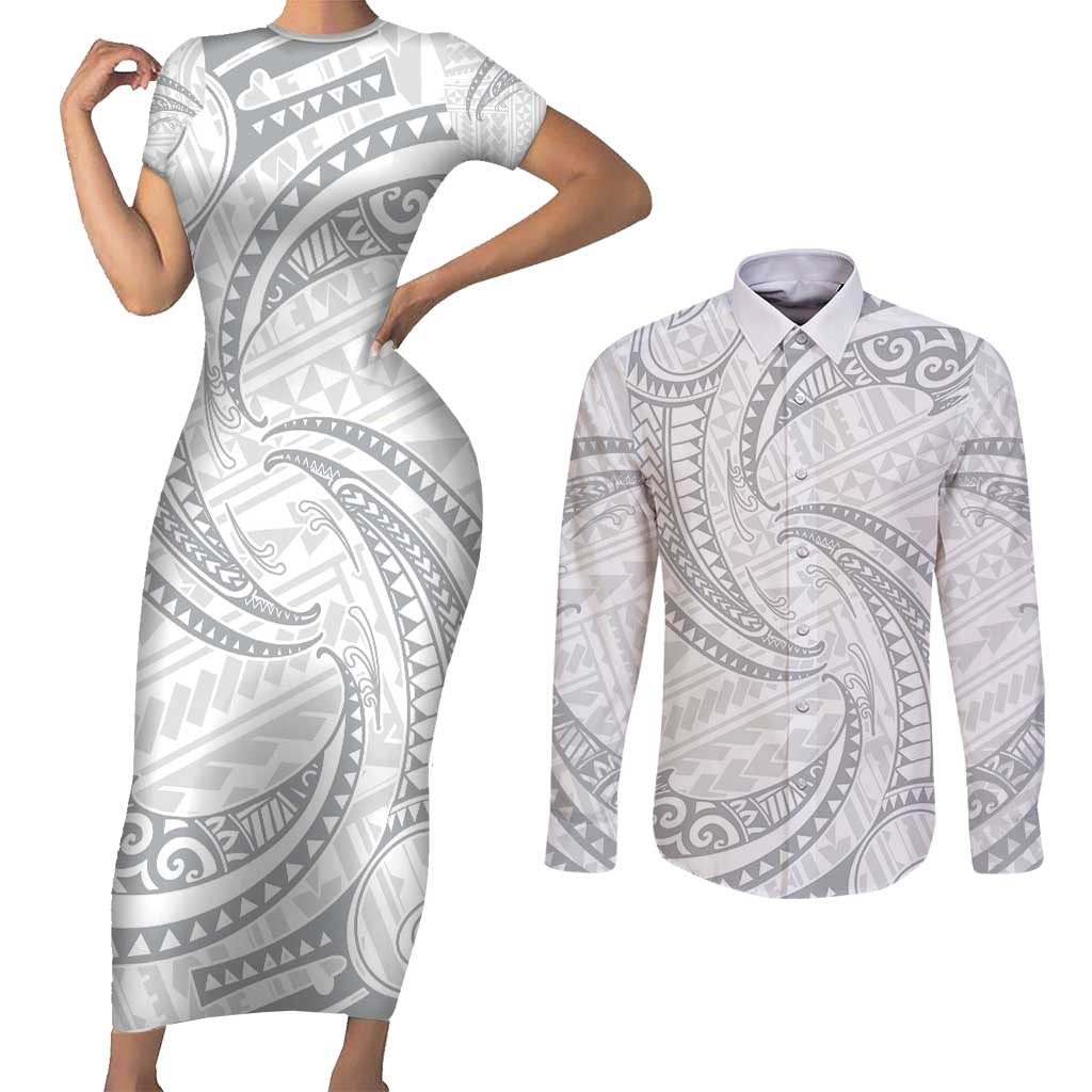 White Sunday Lotu Tamaiti Couples Matching Short Sleeve Bodycon Dress and Long Sleeve Button Shirt Polynesian Wave Pastel Gray LT9 Gray - Polynesian Pride