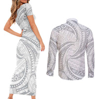 White Sunday Lotu Tamaiti Couples Matching Short Sleeve Bodycon Dress and Long Sleeve Button Shirt Polynesian Wave Pastel Gray LT9 - Polynesian Pride
