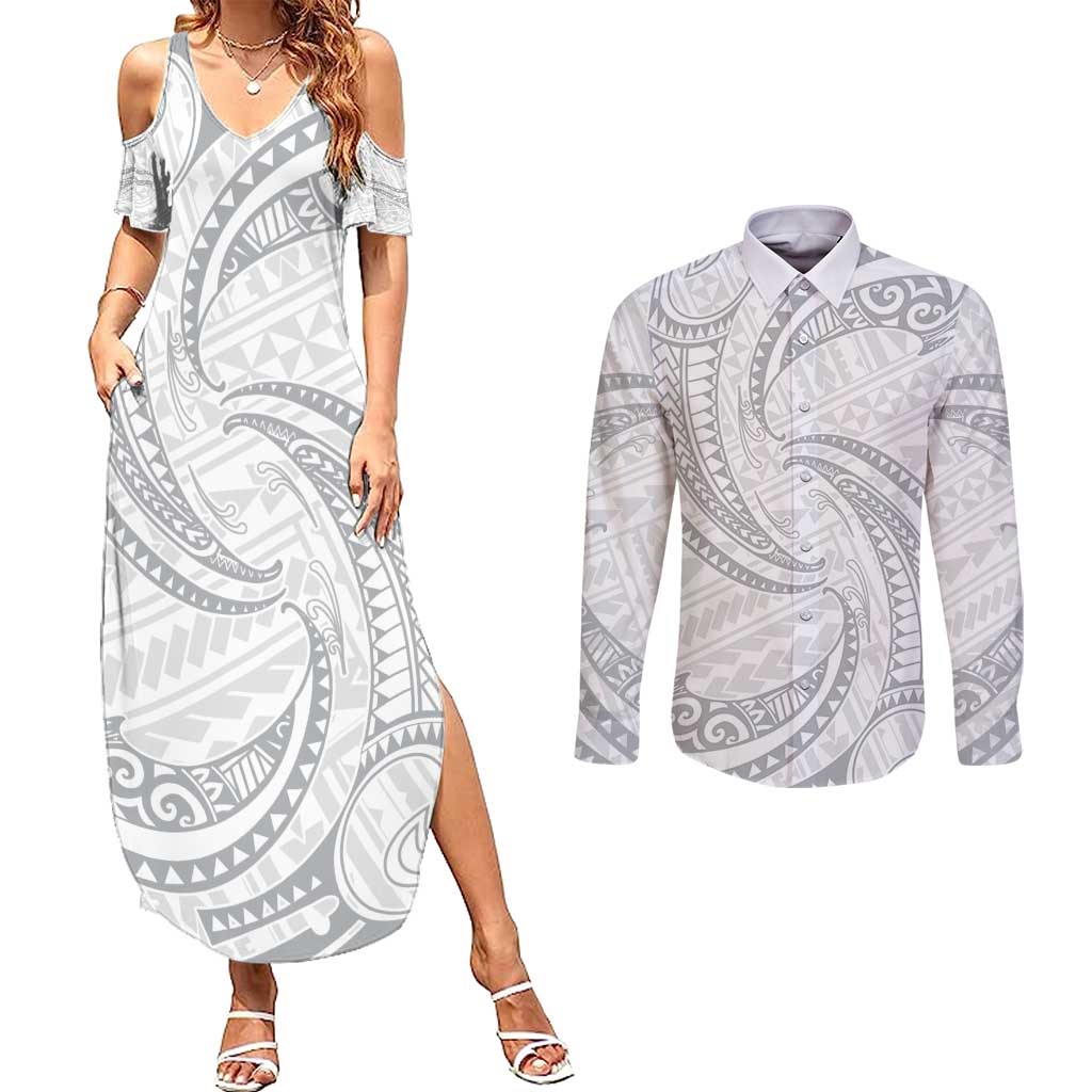 White Sunday Lotu Tamaiti Couples Matching Summer Maxi Dress and Long Sleeve Button Shirt Polynesian Wave Pastel Gray LT9 Gray - Polynesian Pride
