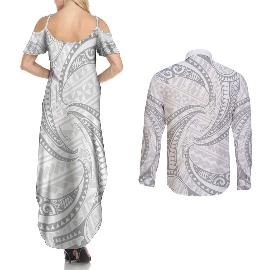 White Sunday Lotu Tamaiti Couples Matching Summer Maxi Dress and Long Sleeve Button Shirt Polynesian Wave Pastel Gray LT9 - Polynesian Pride