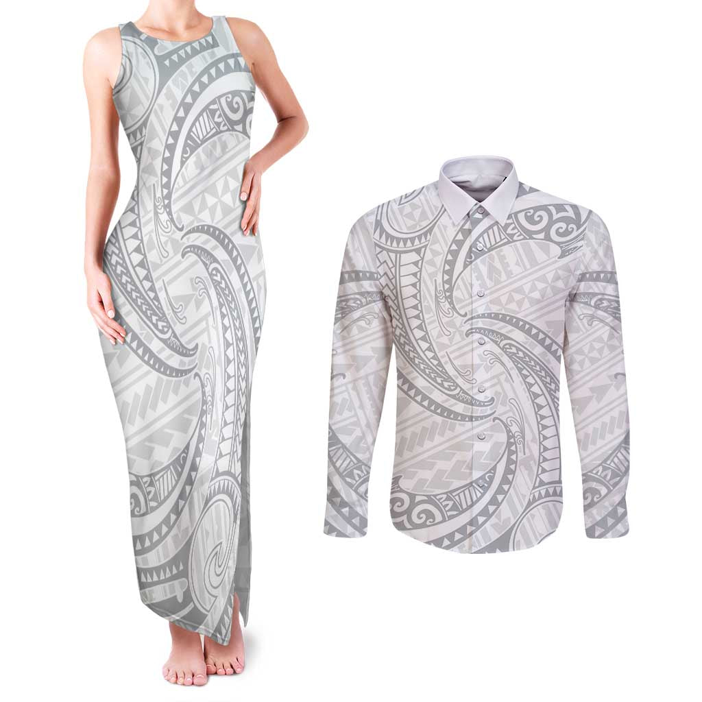 White Sunday Lotu Tamaiti Couples Matching Tank Maxi Dress and Long Sleeve Button Shirt Polynesian Wave Pastel Gray LT9 Gray - Polynesian Pride