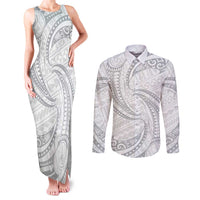 White Sunday Lotu Tamaiti Couples Matching Tank Maxi Dress and Long Sleeve Button Shirt Polynesian Wave Pastel Gray LT9 Gray - Polynesian Pride