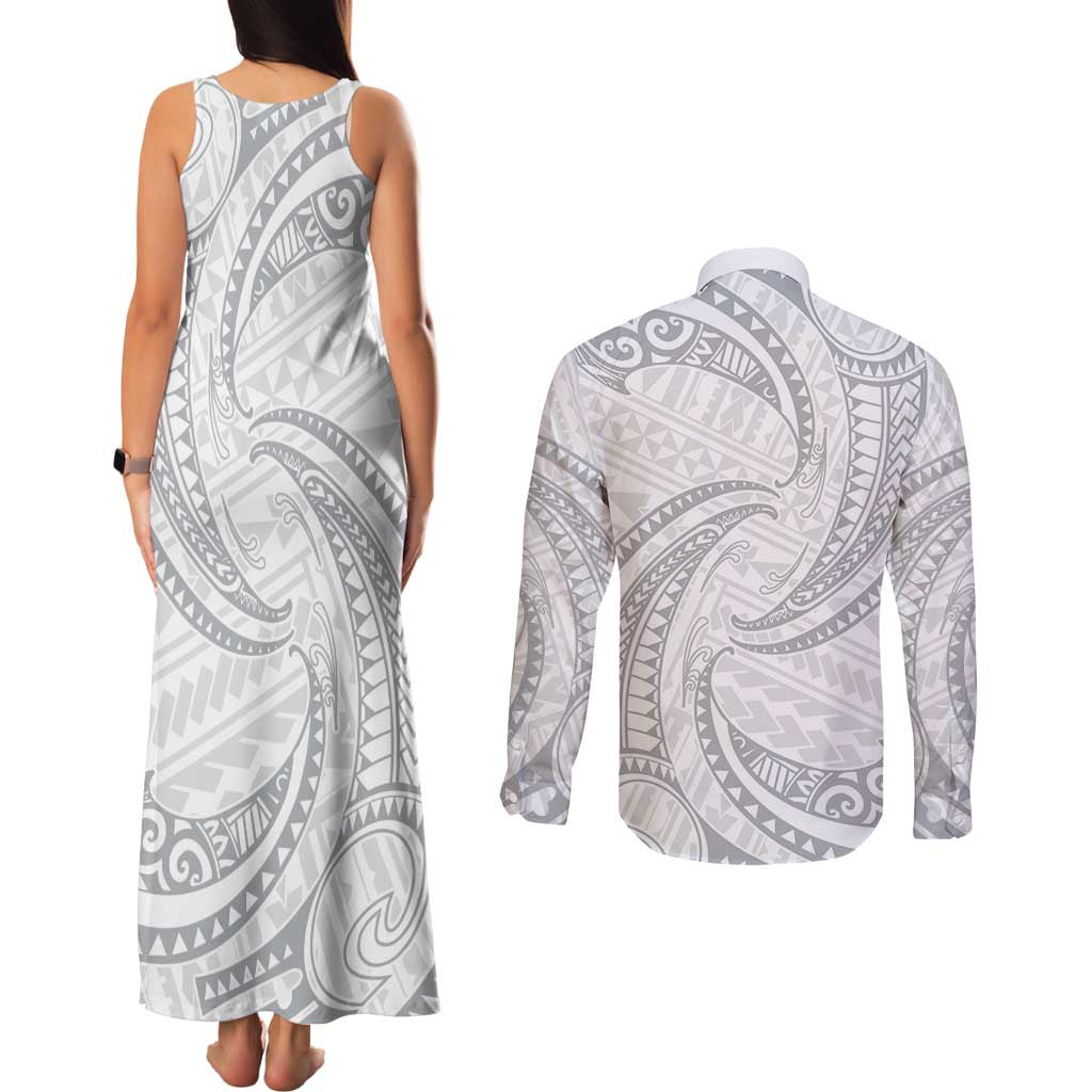 White Sunday Lotu Tamaiti Couples Matching Tank Maxi Dress and Long Sleeve Button Shirt Polynesian Wave Pastel Gray LT9 - Polynesian Pride